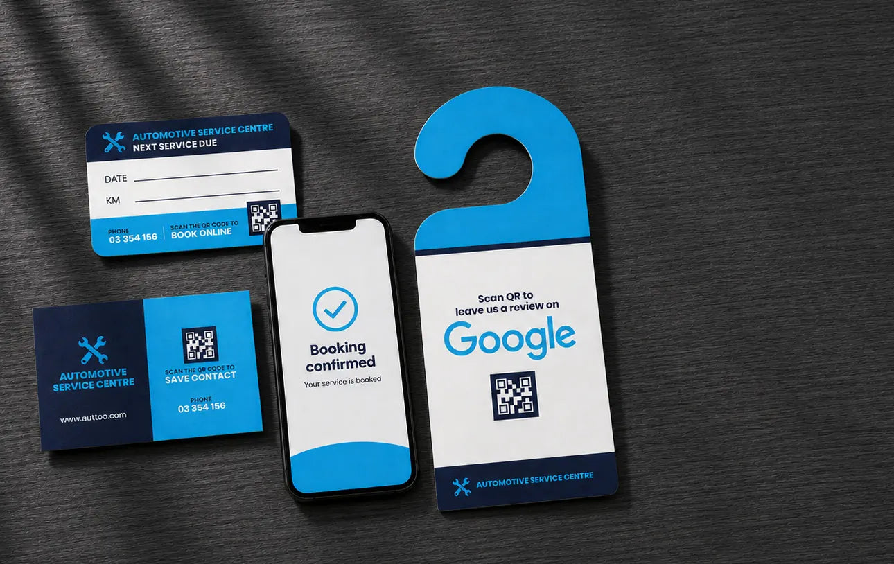Workshop service sticker, business card, phone booking confirmation and Google review door hanger